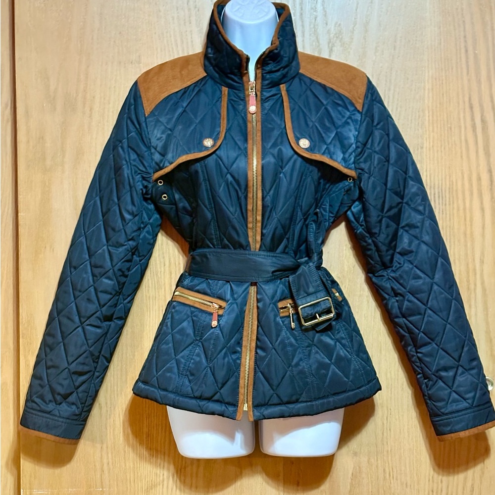Vince Camuto Navy Quilted Riding Belted Barn Jacket w/Cognac Suede Trim Sz. M